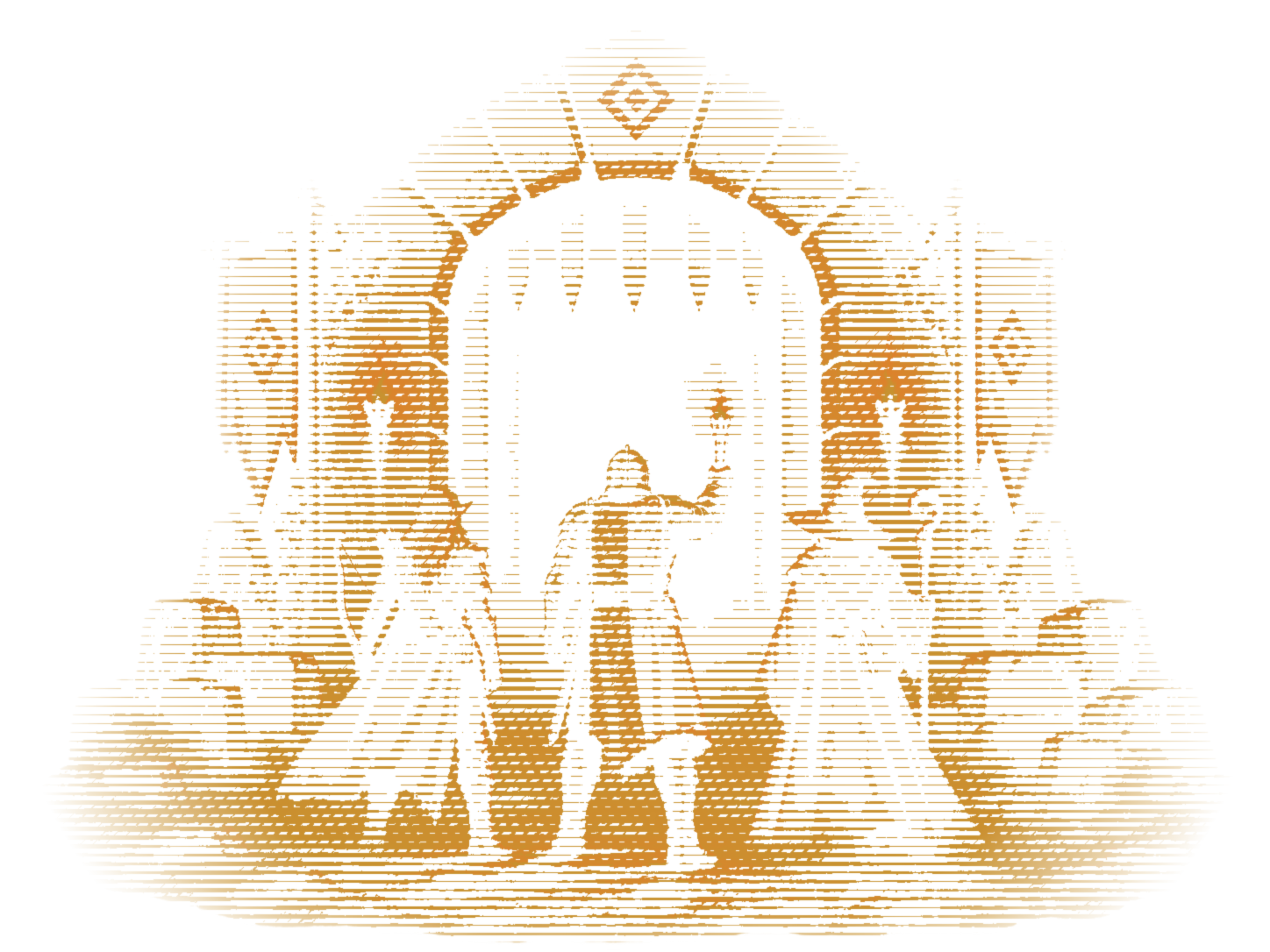 Three heroes, an archer, a knight raising a torch and a wizard, stand before a torch-lit dungeon gate, drawn in amber lines.
